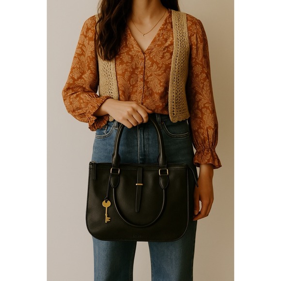 Fossil Handbags - Fossil‎ Black Leather Satchel Tote Handbag Brass Key Charm Medium Structured